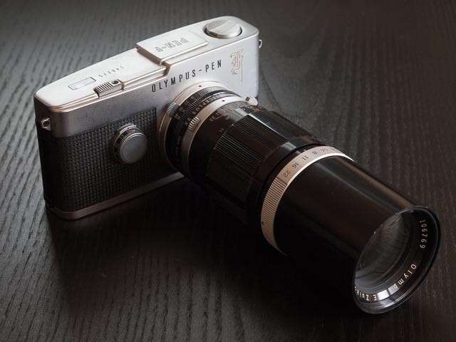 Olympus Pen FT fitted with 150mm lens and 2x tele converter