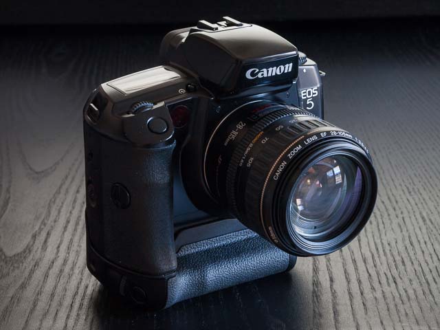 Canon EOS 5 from the front with 28-105mm lens and VG10 grip mounted