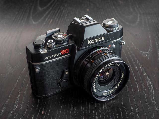 Konica Autoreflex TC with 28mm f/3.5 lens mounted