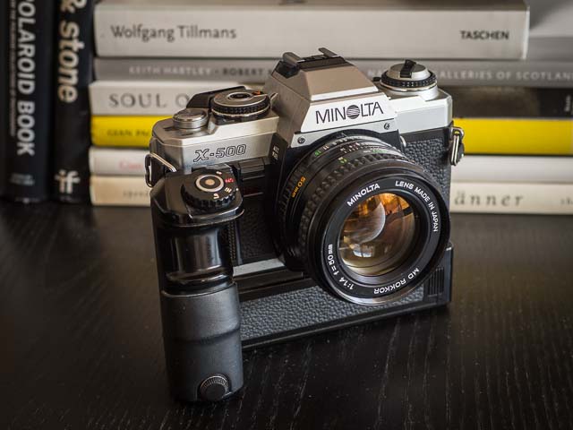 Minolta X-500 camera fitted with the Minolta MD Rokkor 50mm f/1.4 lens and Motor Drive 1