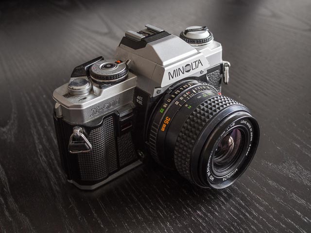 Minolta X-500 camera with the Minolta MD W.ROKKOR 35mm f/1.8 lens fitted