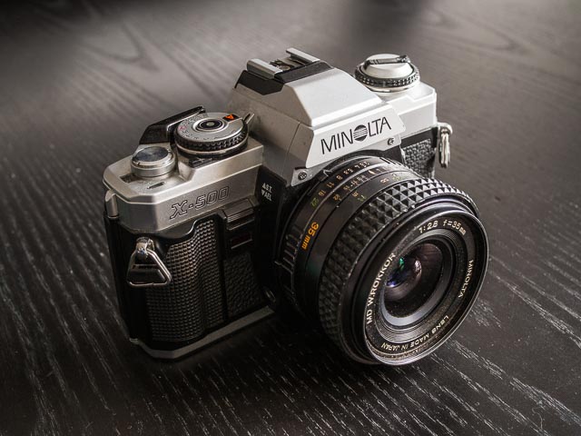 Minolta X-500 camera with the Minolta MD W.ROKKOR 35mm f/2.8 lens fitted