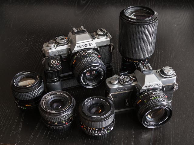 A range of Minolta cameras and MD lenses