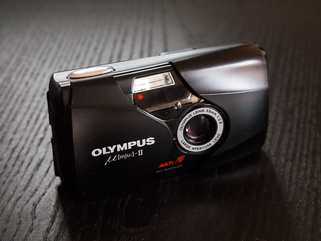 Olympus Mju camera opened and ready for use
