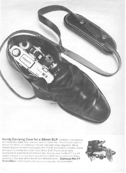 1960s advert for Olympus Pen FT showing a shoe being used as a camera bag.