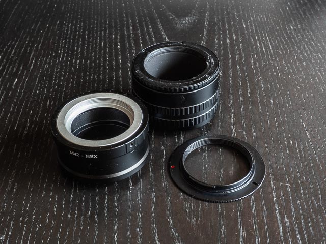 M42 to Sony E adapter, an m42 focusing helicoid and a slim M42 adapter